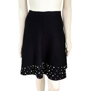 NEW VILA MILANO Pearl Embellished Sweater Knit Black Pull On Circle Skirt SZ L